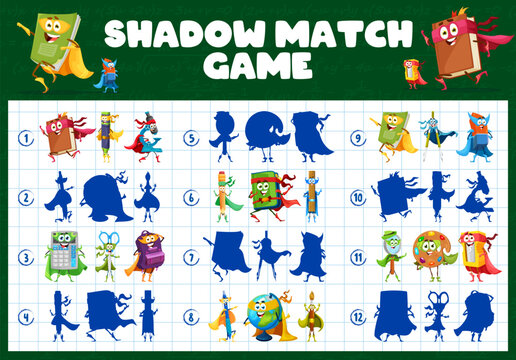 Shadow match game. Cartoon stationery superhero characters kids puzzle quiz vector worksheet. Find correct shadows of school supply personages with hero masks, funny book, pen, pencil and eraser