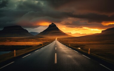 Road to the mountains at sunset sky. Generative AI.