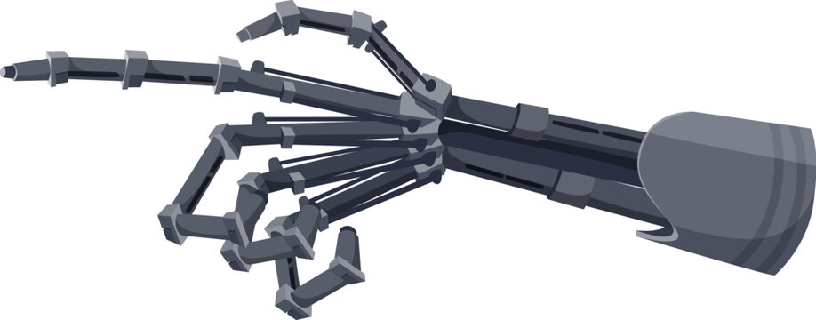 Pointing finger of robotic mechanical arm hand. Vector android cyber hand, cybernetic artificial intelligence technology droid arm