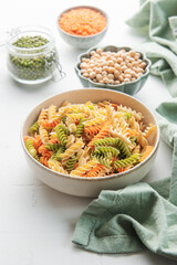 A variety of fusilli pasta from different types of legumes. Gluten-free pasta.