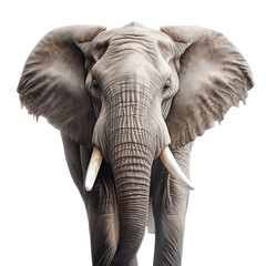 An elephant with white tusks stands in front of an isolated black background