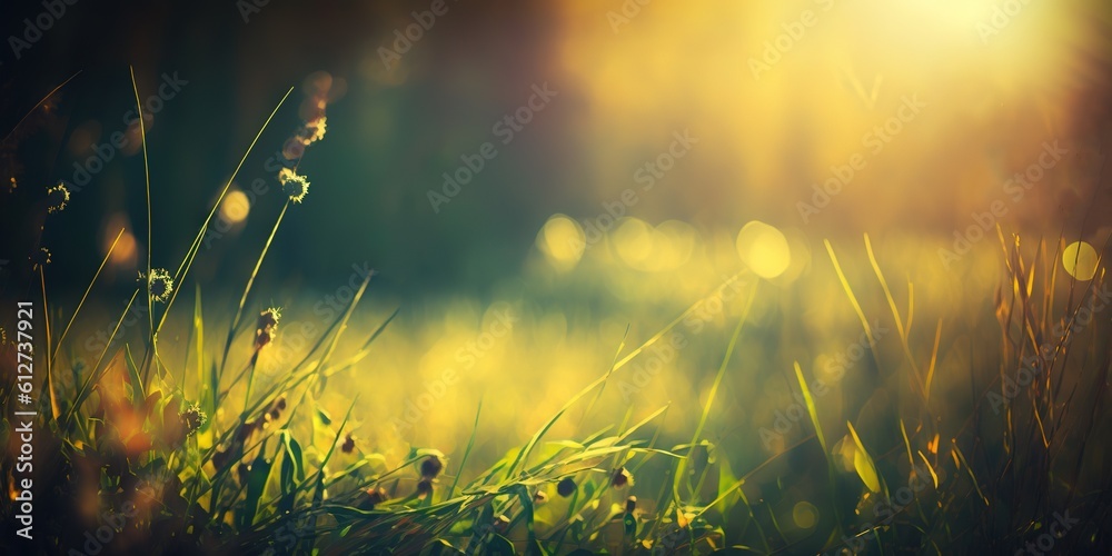 Wall mural bokeh backdrop of autumnal green and yellow grass illuminated by sun rays generative ai