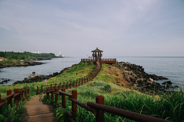Fototapeta na wymiar Beautiful scenery of pavilion at Dakmeor Coast, Jocheon-eup, Jeju-si, South Korea.