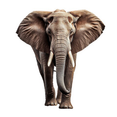 An elephant with white tusks stands in front of an isolated black background