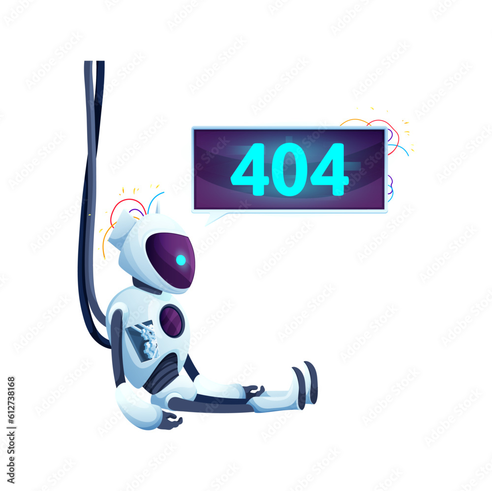 Poster 404 page with cartoon screen and robot. Vector notification about network error. Broken cyborg with protruding wires sitting near the neon glowing monitor providing frustrating experience for the user