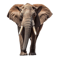 Fototapeta na wymiar An elephant with white tusks stands in front of an isolated black background