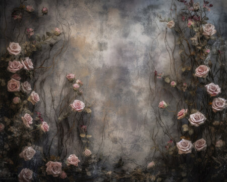 Vintage Photo studio backdrop edged warm grey tones with with pink roses. Generative ai illustration