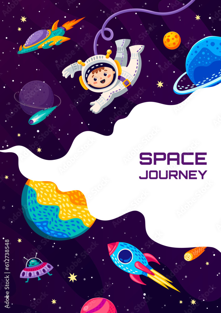Poster Space landing page. Kid astronaut in outer space and rocket. Startup homepage layout background or vector banner with cheerful boy in spacesuit in outerspace, spaceships and alien galaxy planets