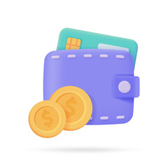 Credit card and wallet 3D icons.Online payment Cashless society for shopping. 3D illustration.
