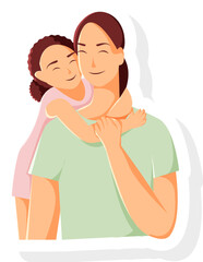 Child Sticker Hugging His Mother Vector Illustration