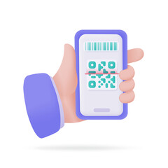Hand holding a phone. online payment by credit card cashless society Scan QR code to pay online. 3D illustration.