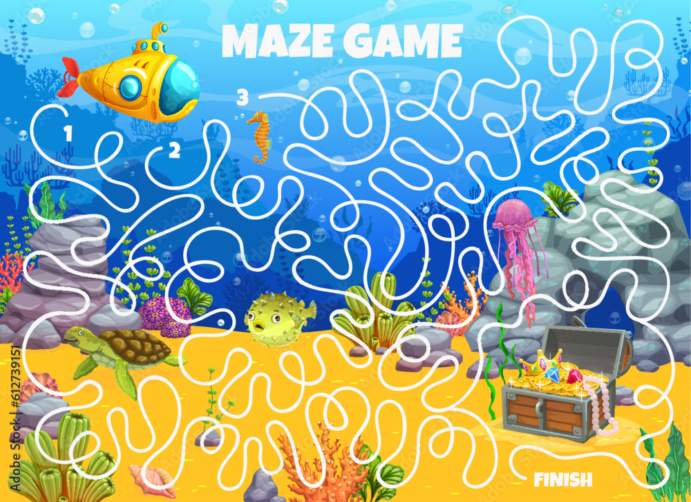 Aufkleber labyrinth maze. help to explorers on submarine find a treasure chest on underwater bottom landscape 