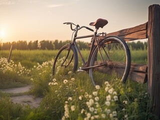 Fototapeta na wymiar bicycle against rustic landscape at summer sunset
