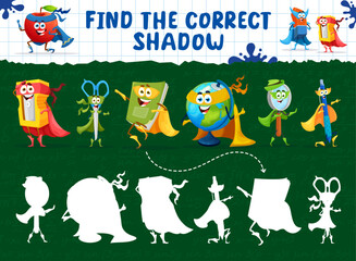 Find the correct shadow of cartoon stationery superhero characters kids game worksheet. Funny school supply personage silhouettes match puzzle quiz with pen, notebook, globe, scissors and sharpener