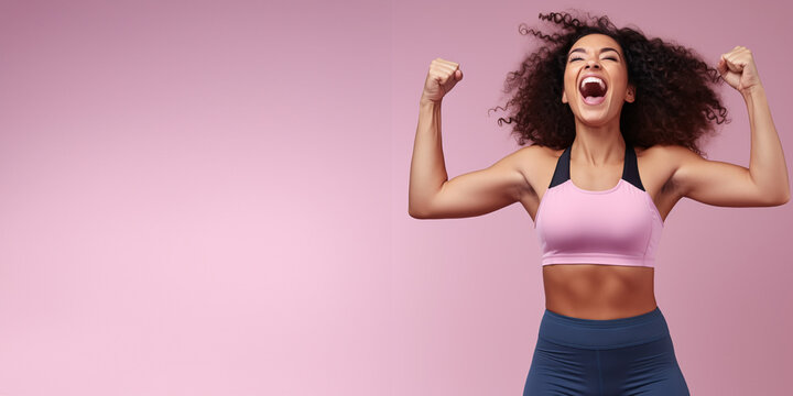 Happy, energetic woman jumping in athletic outfit. Sports, gym, lifestyle banner, copy space.