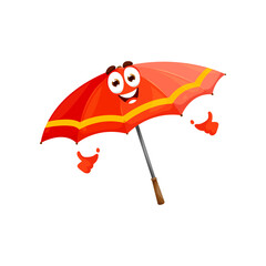 Cartoon red umbrella character. Cute and funny vector parasol with smiling face showing thumb up and positive emotions. Isolated personage for weather or climate forecast, kids book or game, emoji