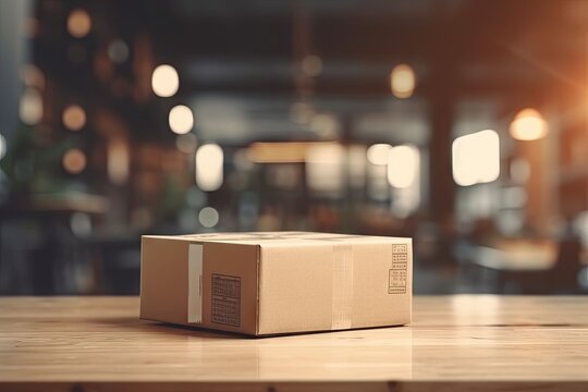 Closeup Delivery Box and Parcel on Table for Online Shopping and Commerce