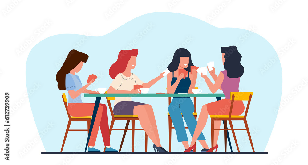 Wall mural happy women friends sit around table and play cards on weekend. girls party at home. female players  - Wall murals