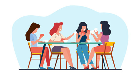 Happy women friends sit around table and play cards on weekend. Girls party at home. Female players during board game. Drinking tea, buddies resting. Cartoon flat isolated png concept - obrazy, fototapety, plakaty