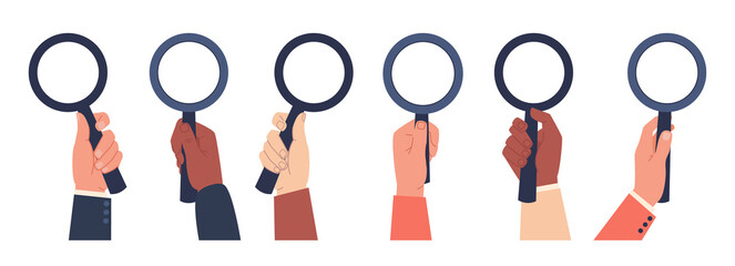 Concept of search, research and analysis, hands holding magnifying glass. Optical tool in hand. Observation or examination. Discovery symbol, website icon. png cartoon flat illustration