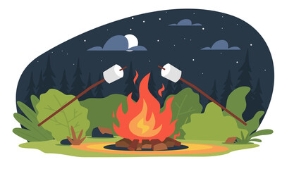 Glade in woods, campfire in forest, marshmallow grill in bonfire in camping. Night landscape. Outdoors dinner for travellers. Tourist leisure time. Cartoon flat illustration. png concept © YummyBuum