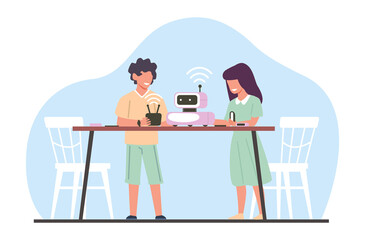 Kids boy and girl made robot, happy children works. Programming android in radio club. Clever babies play with cyborg toys. Little engineers cartoon flat style isolated png concept