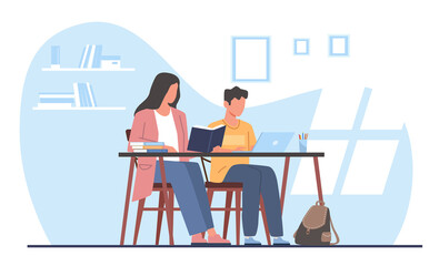 Mom helps her son do his homework. Mother with kid sitting at desk with books. Clever boy studying at home, schoolchild learning with parent. Cartoon flat style isolated png concept