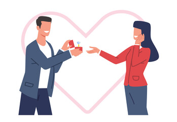 Man gives diamond ring to woman he loves, guy proposes to his girlfriend. Girl and boy engagement. People together. Cartoon flat isolated illustration. png love and relationship concept