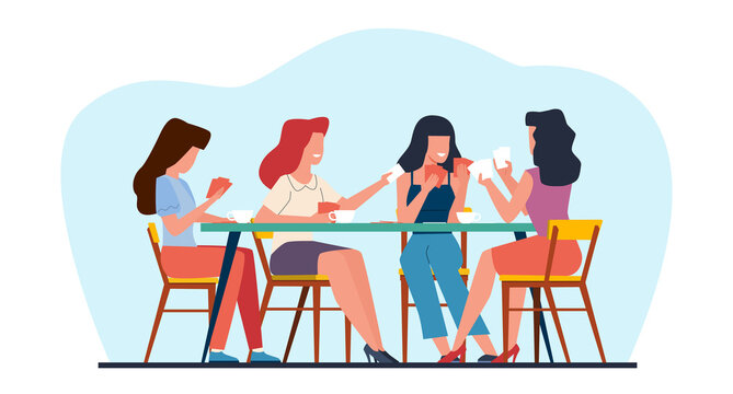 Happy women friends sit around table and play cards on weekend. Girls party at home. Female players during board game. Drinking tea, buddies resting. Cartoon flat isolated png concept