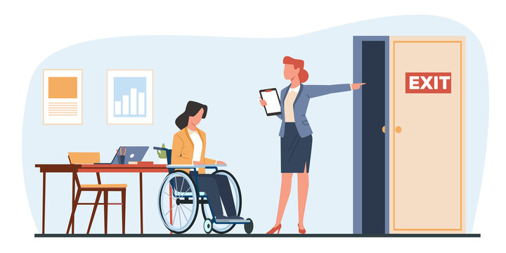 Discrimination against disabled people with woman in wheelchair in hiring. Sad jobless person, unemployment people, career failure. Cartoon flat isolated png discrimination concept