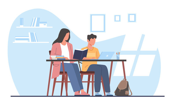 Mom helps her son do his homework. Mother with kid sitting at desk with books. Clever boy studying at home, schoolchild learning with parent. Cartoon flat style isolated png concept
