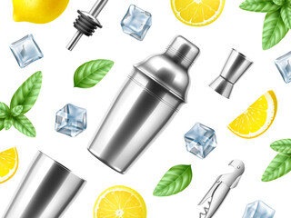 Realistic background with bartender equipment. Metal elements, cocktail shaker, jigger, sprouts, mint leaves, lemon and ice cubes, 3d isolated elements, poster backdrop, utter png concept - obrazy, fototapety, plakaty