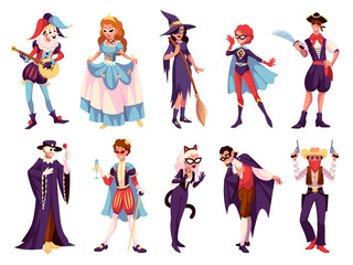 Masquerade costumes people. Funny men and women in holiday carnival wears, renaissance, halloween and western parties. Characters on performance cartoon flat isolated tidy png set