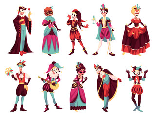 Fototapeta na wymiar People in carnival costumes. Cartoon venice masquerade characters, adult party, renaissance persons, mardi gras festival, men and women on performance. Cartoon flat isolated tidy png set