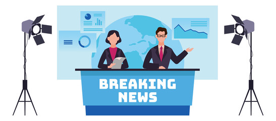 Journalist. Newscaster professional. Man and woman broadcasting news in studio with equipment. Live television, real time broadcast. Media cartoon flat isolated png illustration - obrazy, fototapety, plakaty