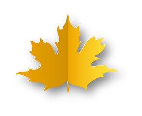 Paper autumn leaf. Yellow maple leaves, falling foliage, isolated on white background single element with shadows, colorful decor object for card and poster, canada symbol, png icon