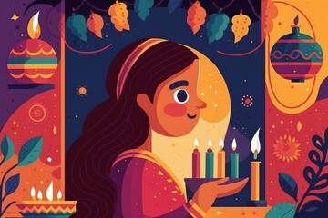 Generative AI.A woman holding Diwali festival lamps. Concept for Diwali festival greeting. Indian festival Happy Diwali with Diwali props, holiday Background, Diwali celebration greeting card,