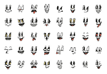 Comic retro faces. Vintage toons, different characters with expressive emotions, old style cartoons, funny mascot characters, rubber mascot face with eyes and quirky mouths, tidy png set