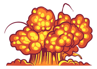 Cartoon explosion. Bang effect with smoke, atomic bomb, weapon burn fire, boom detonate explosive flash comic element. Red dynamite cloud with shrapnel and fireball png isolated illustration