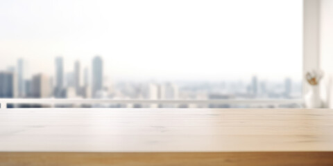 Empty Wooden Table top with blur background of modern office interior and modern cityscape, copy...