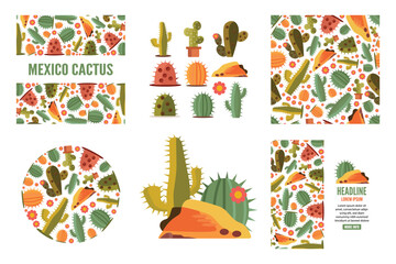 Decorative green desert plants. desert cacti, spiked flowers. vector flat cartoon simple isolated objects, seamless pattern, horizontal, vertical, circle shaped backgrounds.
