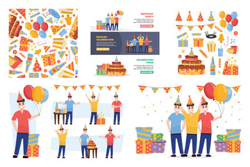 Birthday, holidays, set of isolated objects, seamless pattern. Birthday characters. happy funny cartoon male people standing with present boxes, surprize containers, gift with ribbons