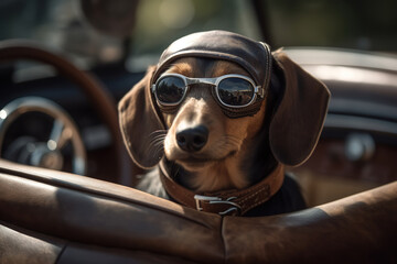 Cute purebred dachshund dog wearing sunglasses and hat riding in car and looking out outdoors, cool pet in convertible on road trip. Animal Generative AI - obrazy, fototapety, plakaty