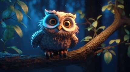 A delightful 3D render of a content and lovable owl perched on a branch, with its eyes wide open and a gentle smile. The scene is set against a moonlit night sky - Generative ai