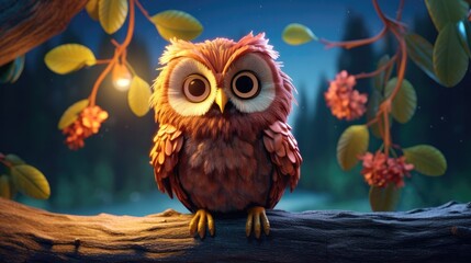 Obraz premium A delightful 3D render of a content and lovable owl perched on a branch, with its eyes wide open and a gentle smile. The scene is set against a moonlit night sky - Generative ai