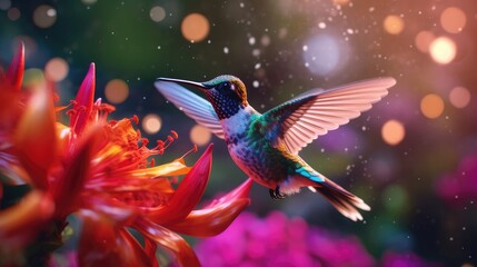 Fototapeta premium Realistic 3D render of a jubilant and charismatic hummingbird hovering near a vibrant tropical flower, with a bokeh background of lush foliage. The vivid colors and dynamic movement - Generative ai