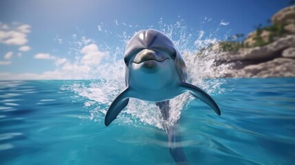 Naklejka premium Realistic 3D render of a happy and playful dolphin leaping out of crystal-clear water, showcasing its joyful spirit and creating a dynamic and captivating scene - Generative ai