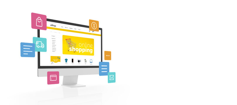 Computer display with shopping online text on ecommerce web page concept. Flying shopping icons and copy space beside. Isolated in