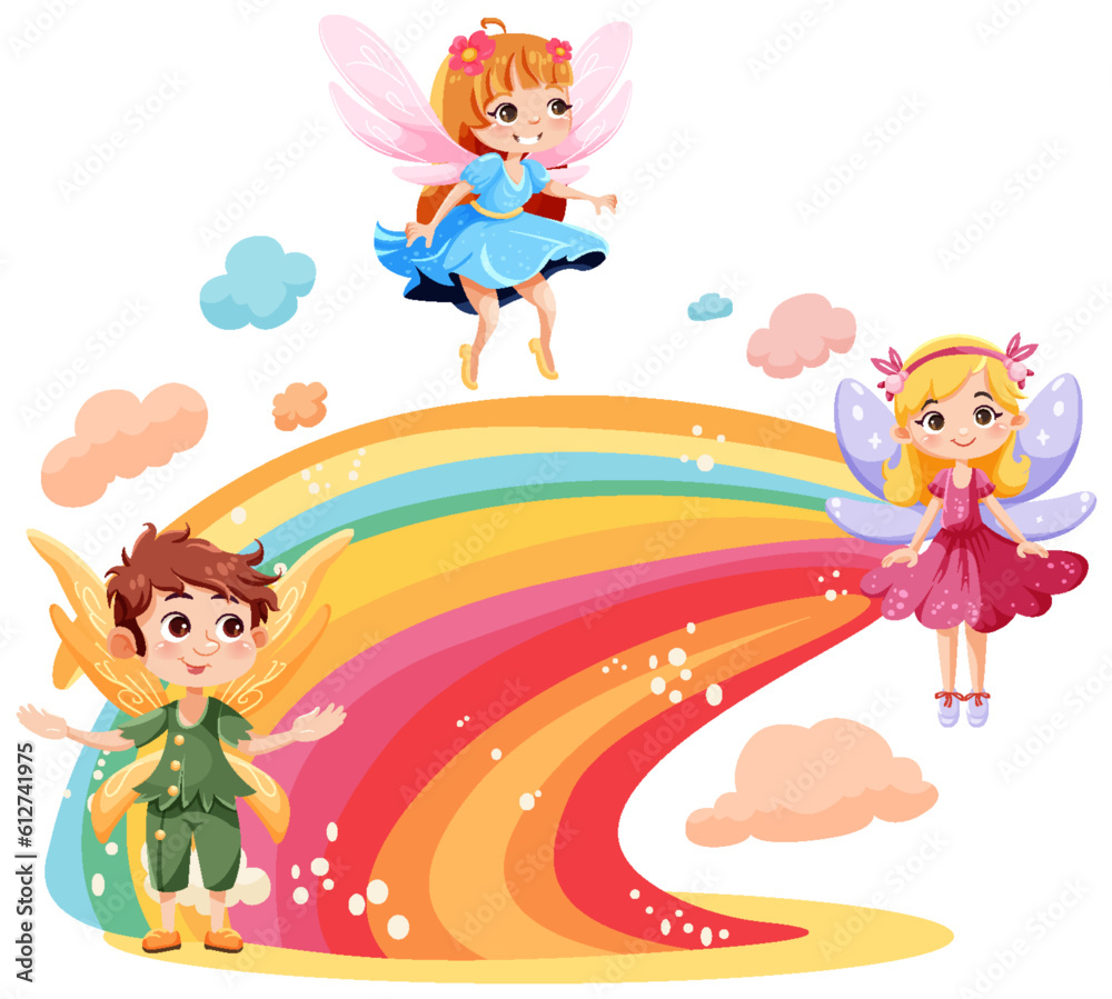 Wall mural cute fantasy fairies cartoon character flying over rainbow