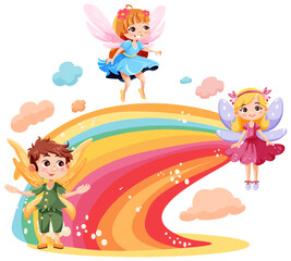 Cute fantasy fairies cartoon character flying over rainbow